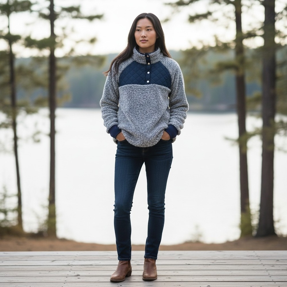 Sherpa Fleece Pullover Women S Grey Navy Quilted Snap Mock Neck Cozy Cabin Style